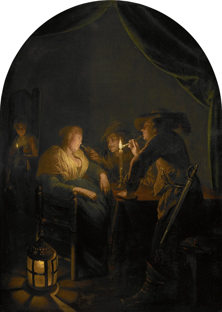 Sovande kvinna retad av två soldater av Gerrit Dou