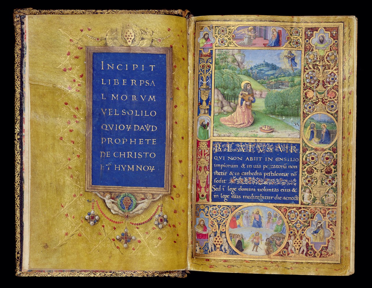 Ms 37-1950, ff.1v-2r: Titelblad och miniatyr av kung David i bön, från Medici Psalter, Florens, c.1480-90 (guldbläck & tempera på pergament) av Gherardo di Giovanni di Miniato