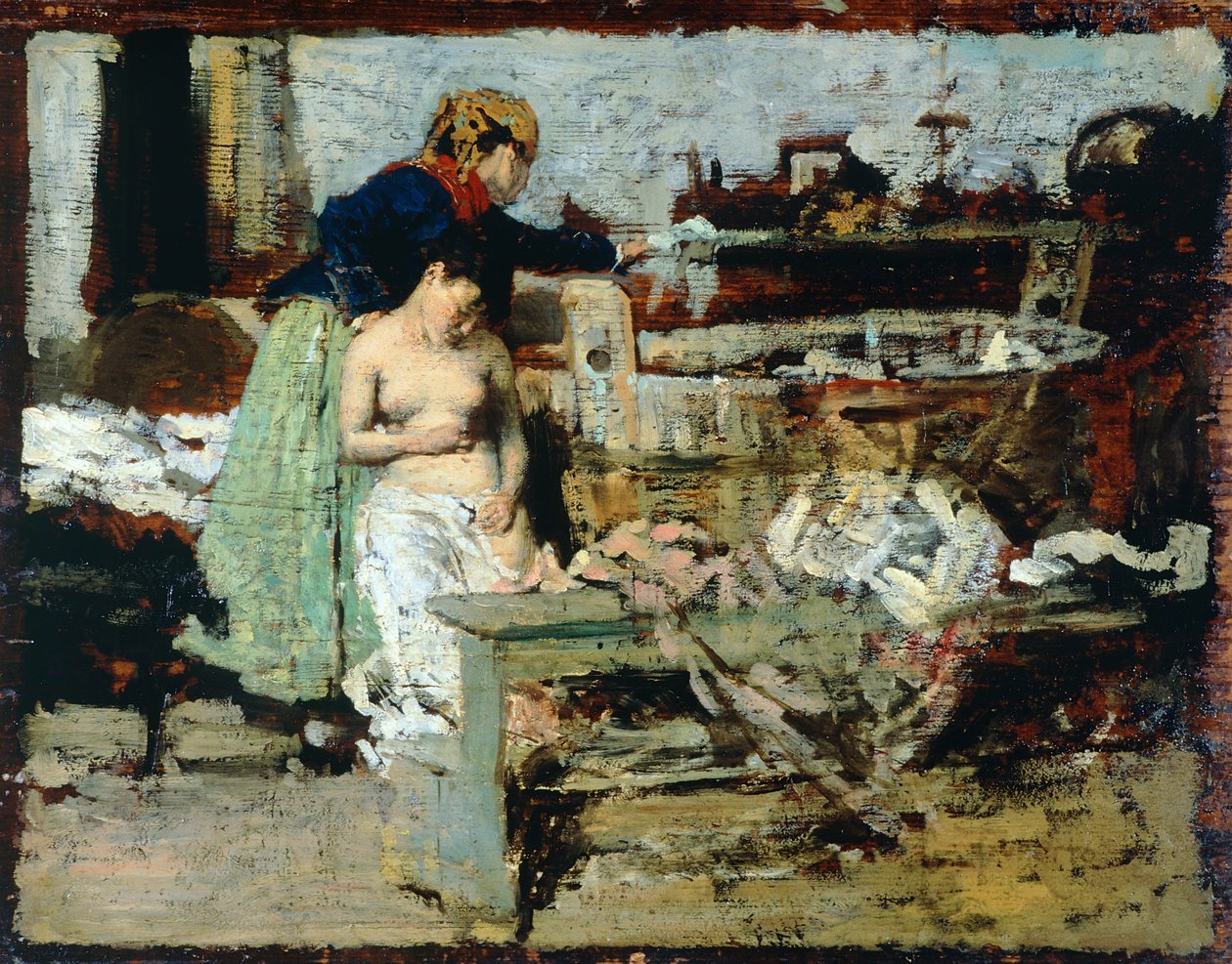 Efter badet (olja på trä) av Giacomo Favretto