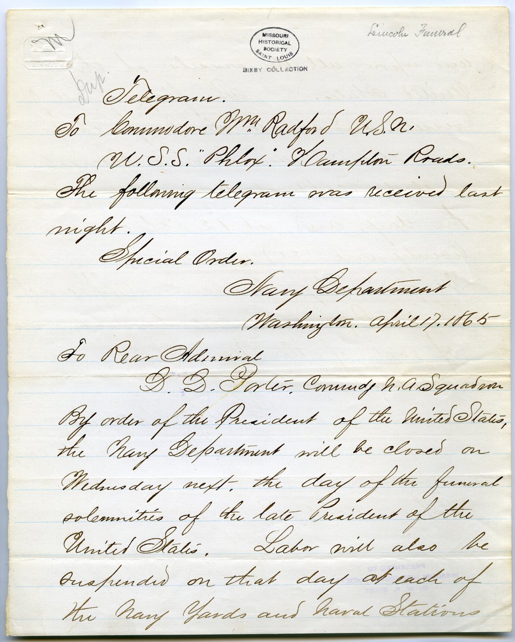 Contains orders for all naval vessels on the day of Abraham Lincoln
