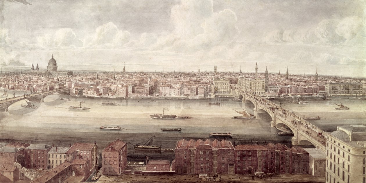 Panoramautsikt över London som ser norrut mellan Southwark Bridge och London Bridge, c.1831 av Gideon Yates