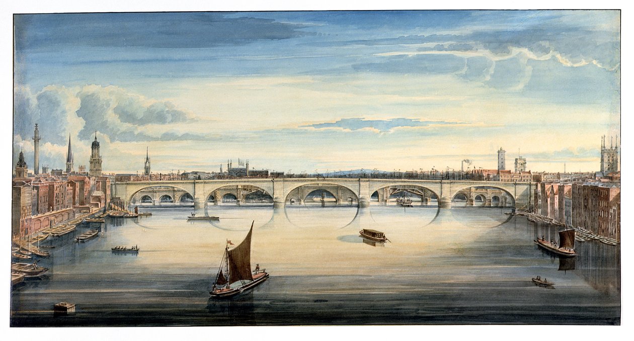 Väster utsikt över New London Bridge och Old London Bridge, 1830 av Gideon Yates