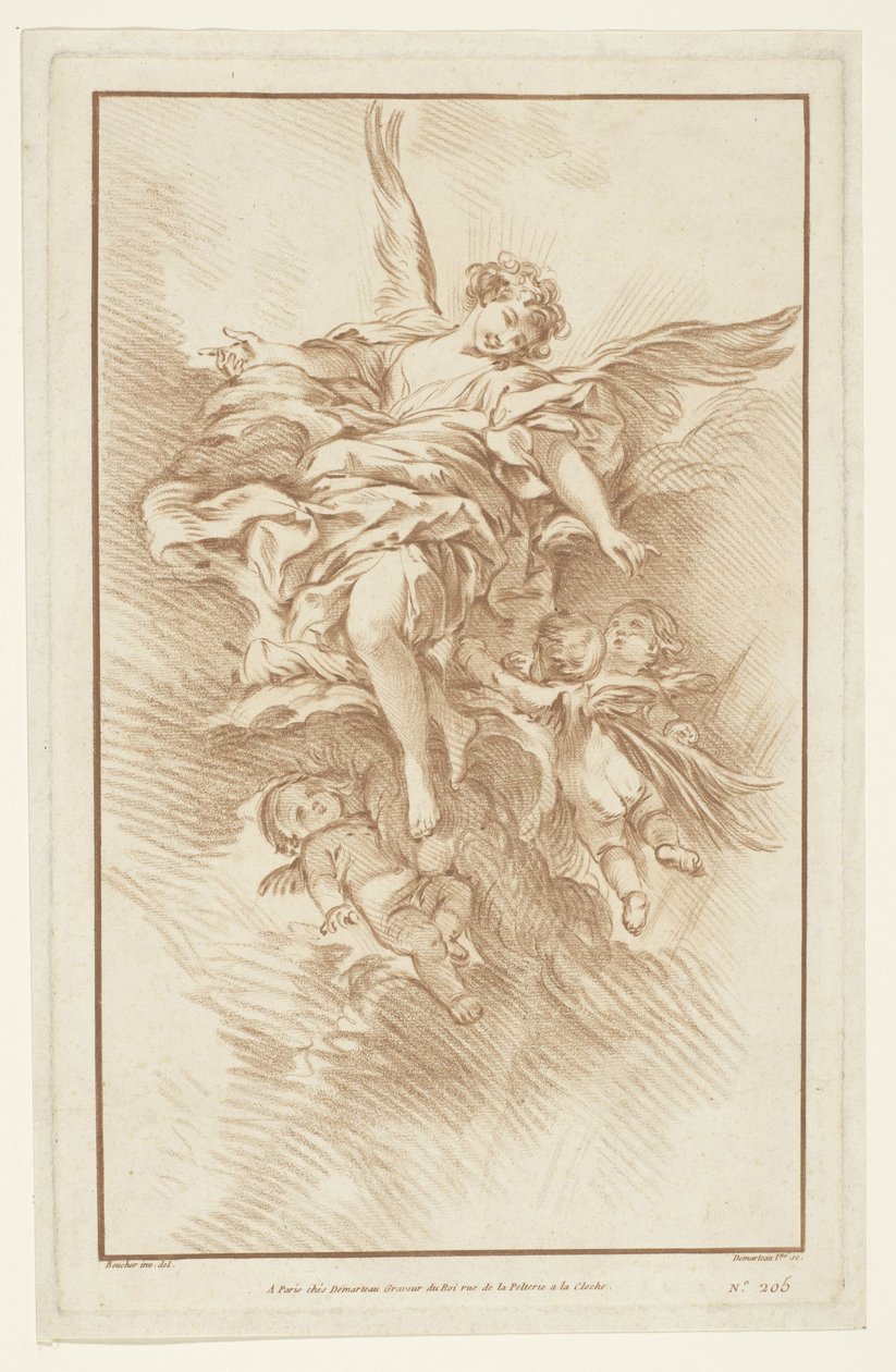 Ängel med tre putti i moln av Gilles Demarteau