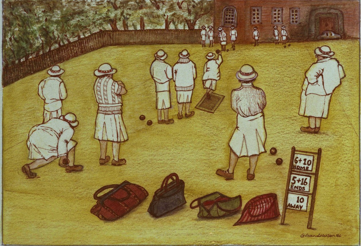 Bowling, 1988 (akvarell på papper) av Gillian Lawson