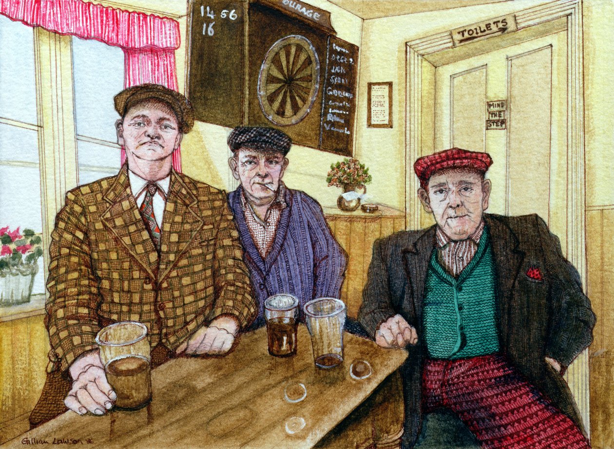 Tre män på en pub, 1984 av Gillian Lawson