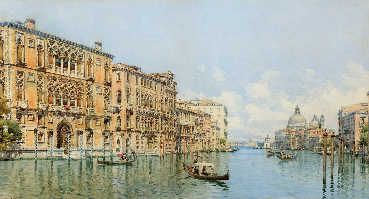 Utsikt över Canal Grande med Palazzo Cavalli-Franchetti och Santa Maria della Salute (wc och penna på papper) av Gino de Colle