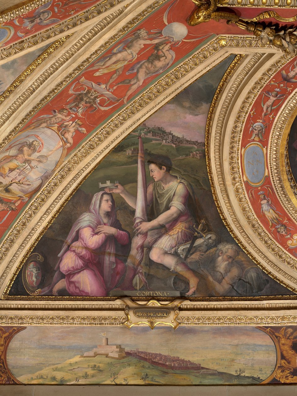 Allegory of Cortona; to the bottom, view of Montecarlo  av Giorgio Vasari