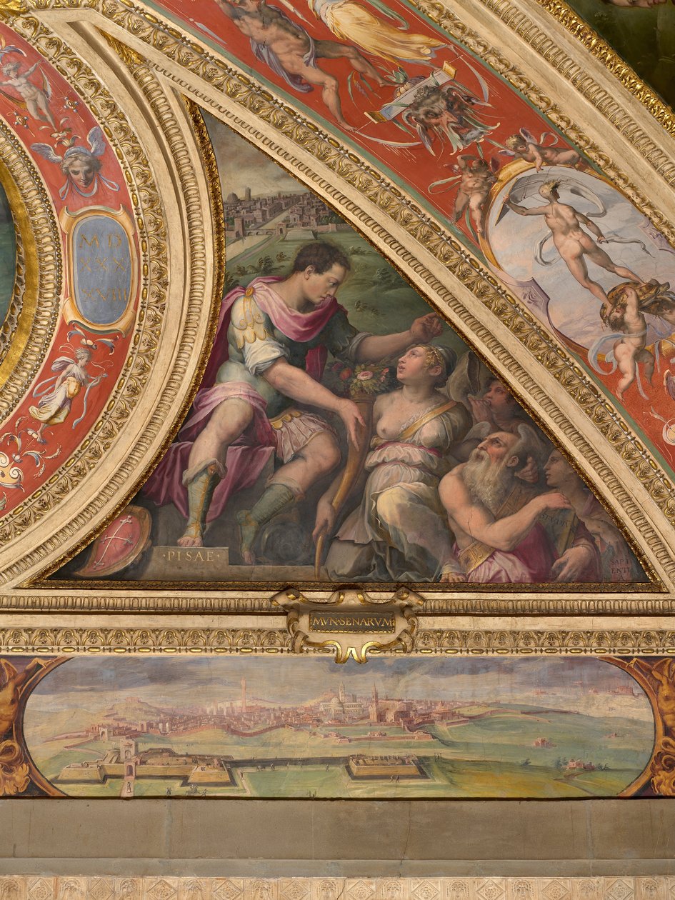 Allegory of Pisa; to the bottom, view of Siena  av Giorgio Vasari