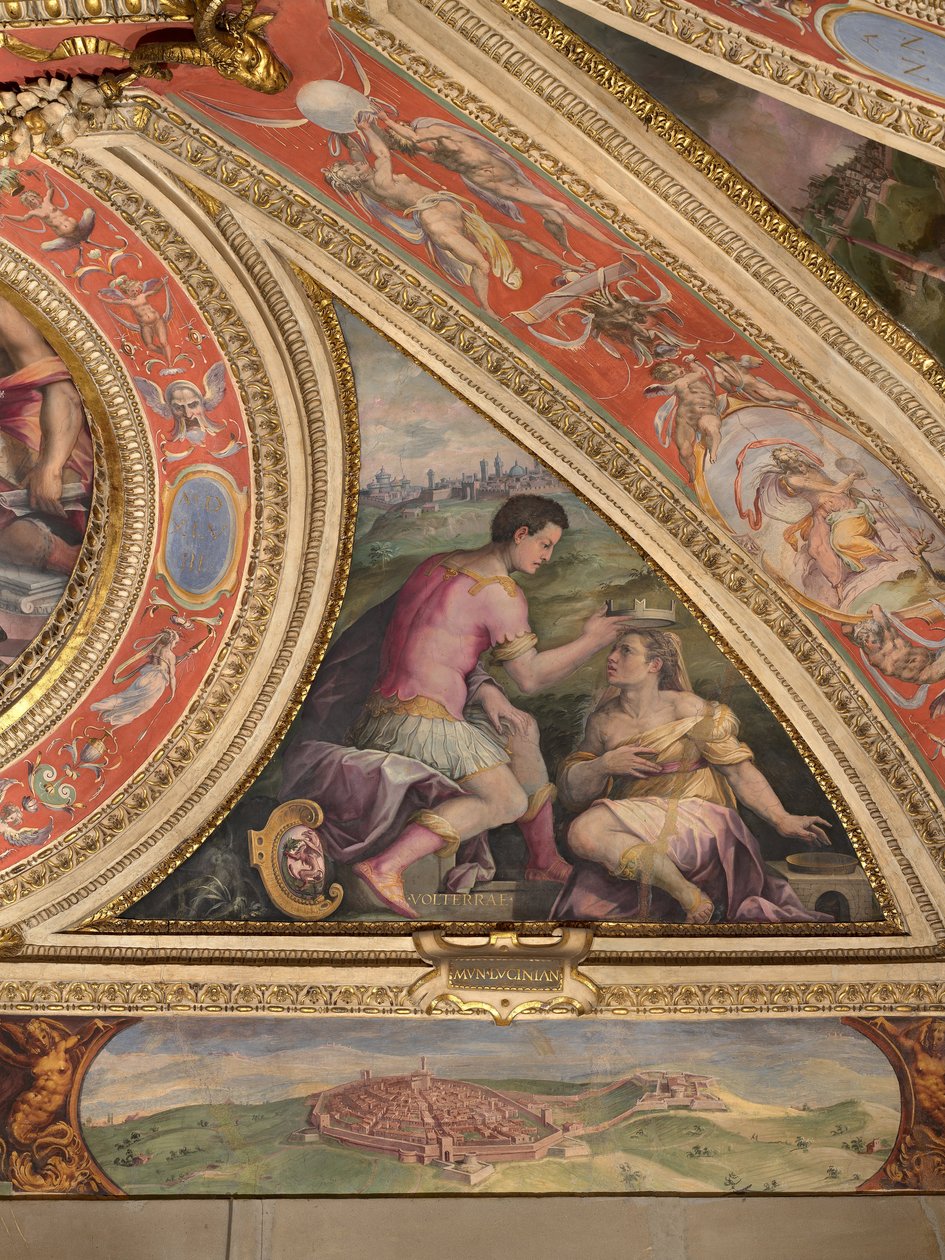 Allegory of Volterra; to the bottom, view of Lucignano  av Giorgio Vasari