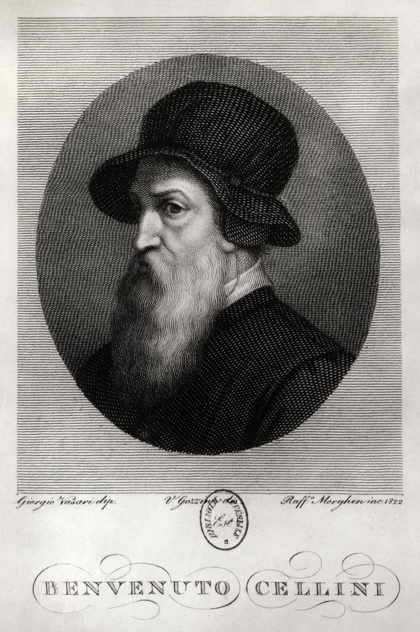 Porträtt av Benvenuto Cellini (1500-71) graverad av Rafaello Morghen (1758-1833) 1822 av Giorgio Vasari