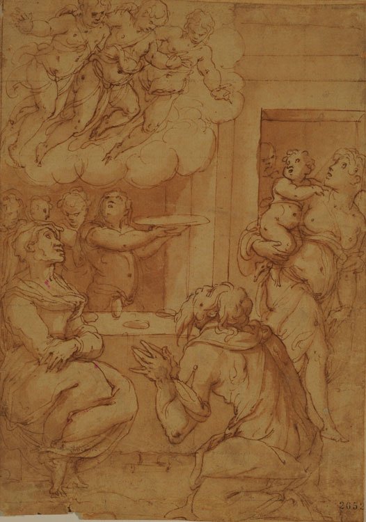 Three angels appear to the family of Abraham av Giorgio Vasari