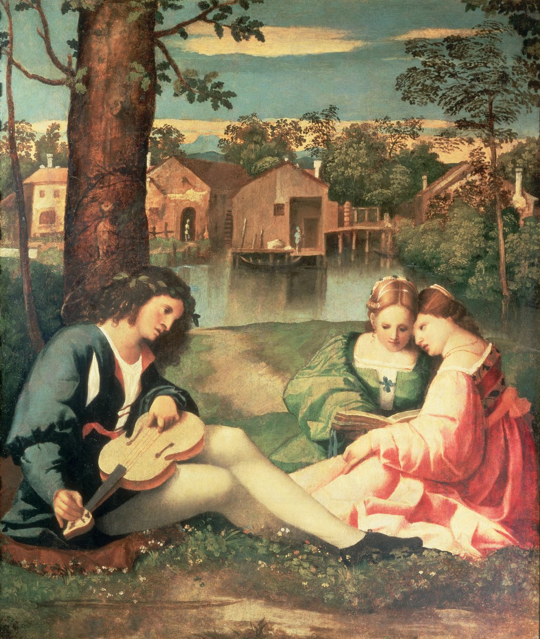 Ungdom med en gitarr och två flickor som sitter på en flodstrand av Giorgione da Castelfranco