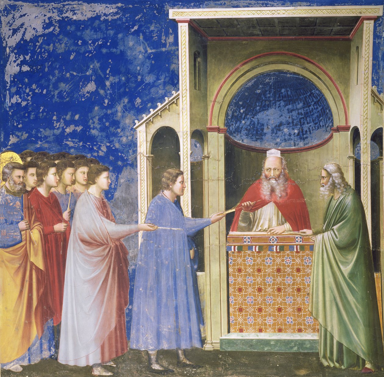 Jungfruns friare presenterar sina spön vid templet, c.1305 av Giotto di Bondone