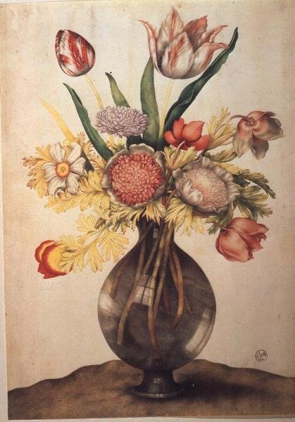 Vas med blommor (tempera på veläng) av Giovanna Garzoni