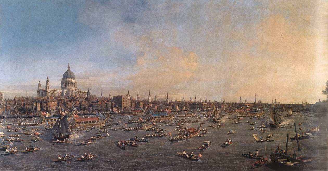 The River Thames with St. Pauls Cathedral on Lord Mayors Day av Giovanni Antonio Canal