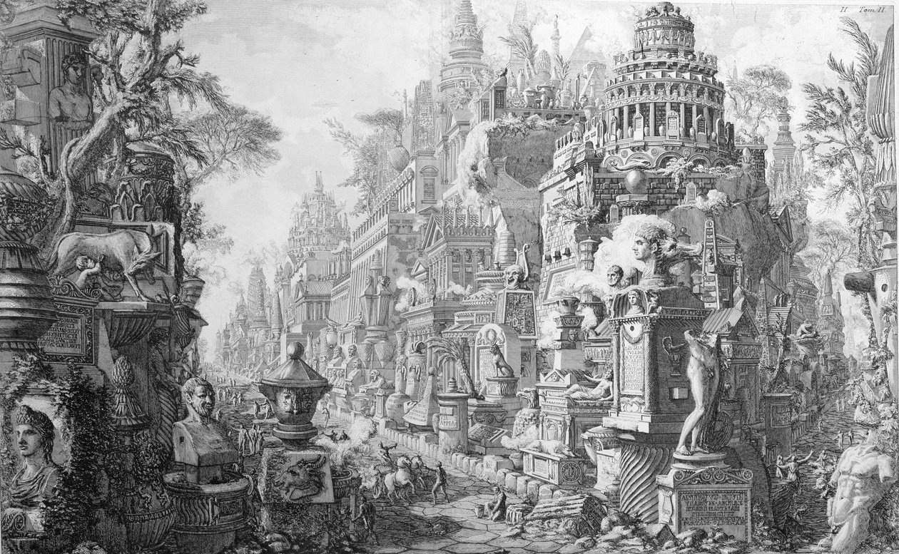 Allegorisk fronton av Rom och dess historia, från "Le Antichita Romane de G.B. Piranesi (1756)", publicerad i Paris 1835. av Giovanni Battista Piranesi