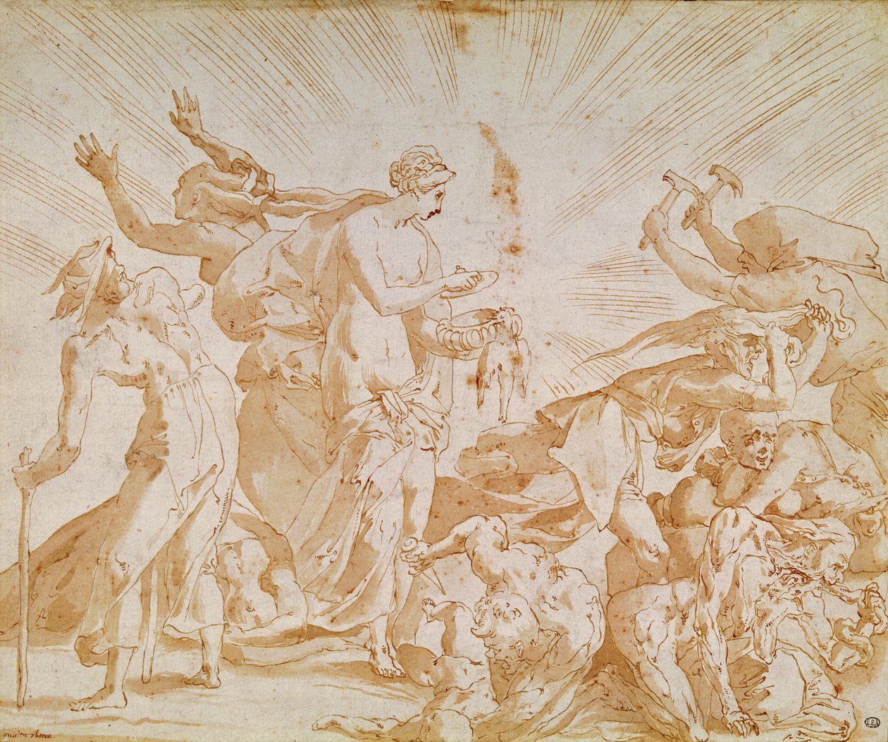Pandora öppnar lådan (penna, bläck och tvätt på papper) av Giovanni Battista Rosso Fiorentino
