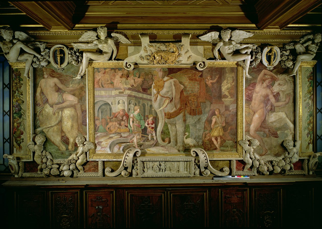 The Triumphal Elephant, en allegorisk hyllning till Frans I, detalj av dekorativt schema i Francis I:s galleri, 1530-40 fresk och stuckatur av Giovanni Battista Rosso Fiorentino