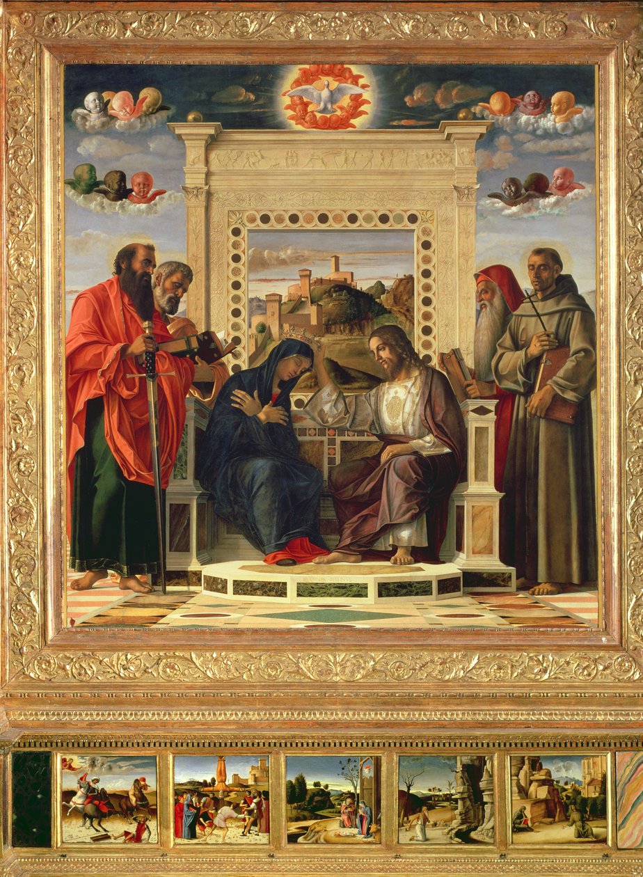 Jungfruns kröning med SS. Paulus, Peter, Hieronymus och Franciskus av Assisi med scener från helgonens liv i predellapanelen, känd som altartavlan 