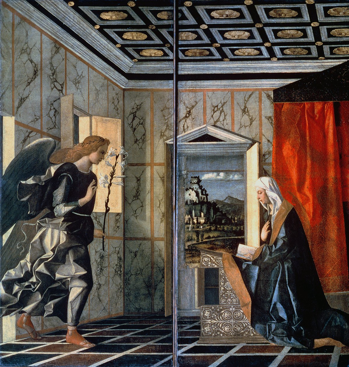 Bebådelsen (förrestaurering) av Giovanni Bellini