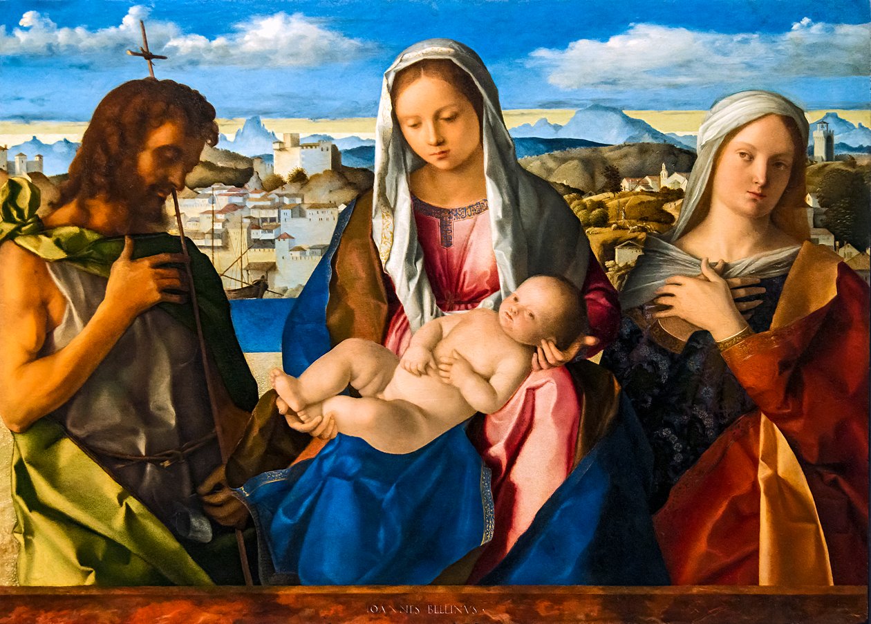 Jungfrun och barnet mellan s. Johannes Döparen, och en helig (Sacred Conversation Giovannelli) av Giovanni Bellini