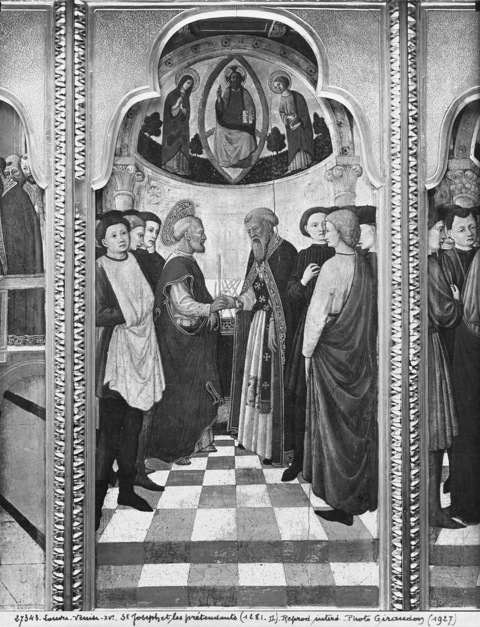 Cycle of the Life of the Virgin, St. Joseph and the pretenders, c.1445 (olja på poppelpanel) av Giovanni Francesco da Rimini