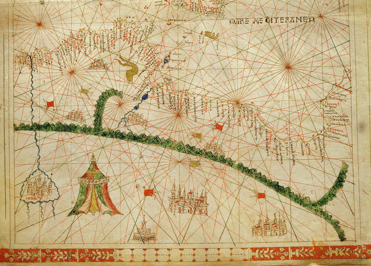 Nordafrika, från en nautisk atlas, 1520 (bläck på veläng) (detalj från 330916) av Giovanni Xenodocus da Corfu