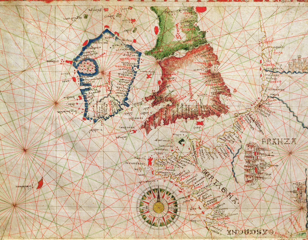 Den franska kusten, England, Skottland och Irland, från en sjömansatlas, 1520 (bläck på pergament) (detalj från 330910) av Giovanni Xenodocus da Corfu