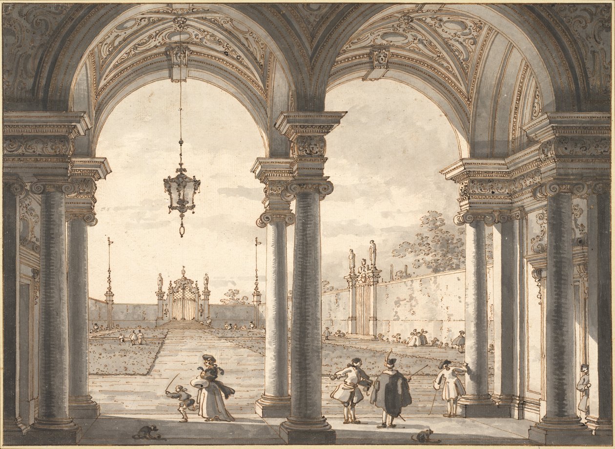 Utsikt genom en barockkolonnad in i en trädgård, 1760-1768 av Giovanni Antonio Canal