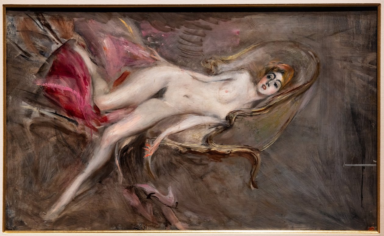 Naken kvinna på rosa kuddar av Giovanni Boldini