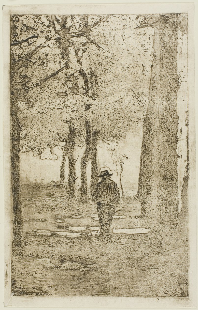 Trädbevuxen promenad med figur av Giovanni Fattori
