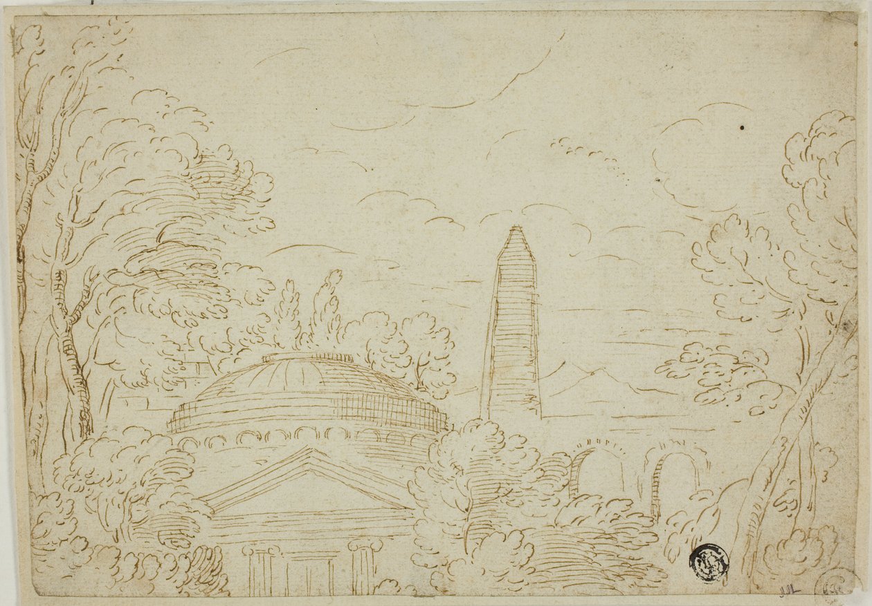 Landskap med tempel, obelisk och akvedukt av Giovanni Francesco Grimaldi