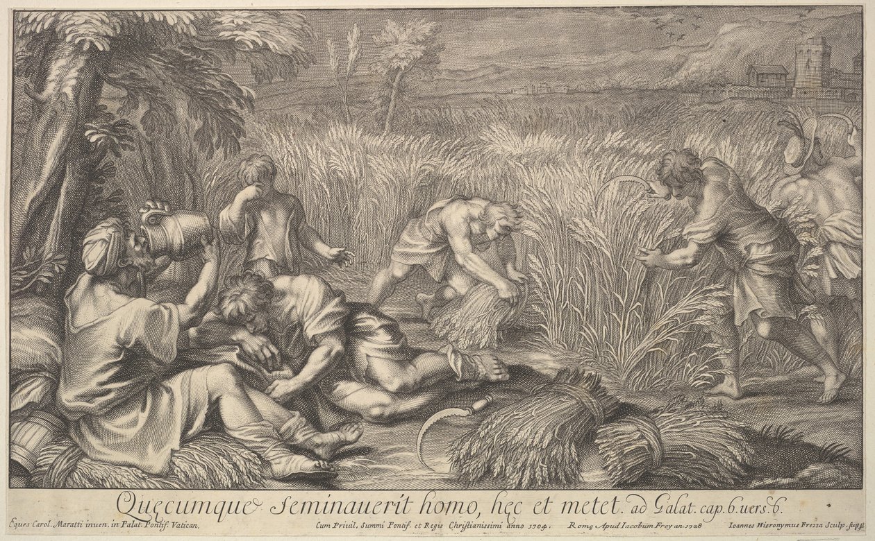 Skördare av spannmål, 1704. av Giovanni Girolamo Frezza