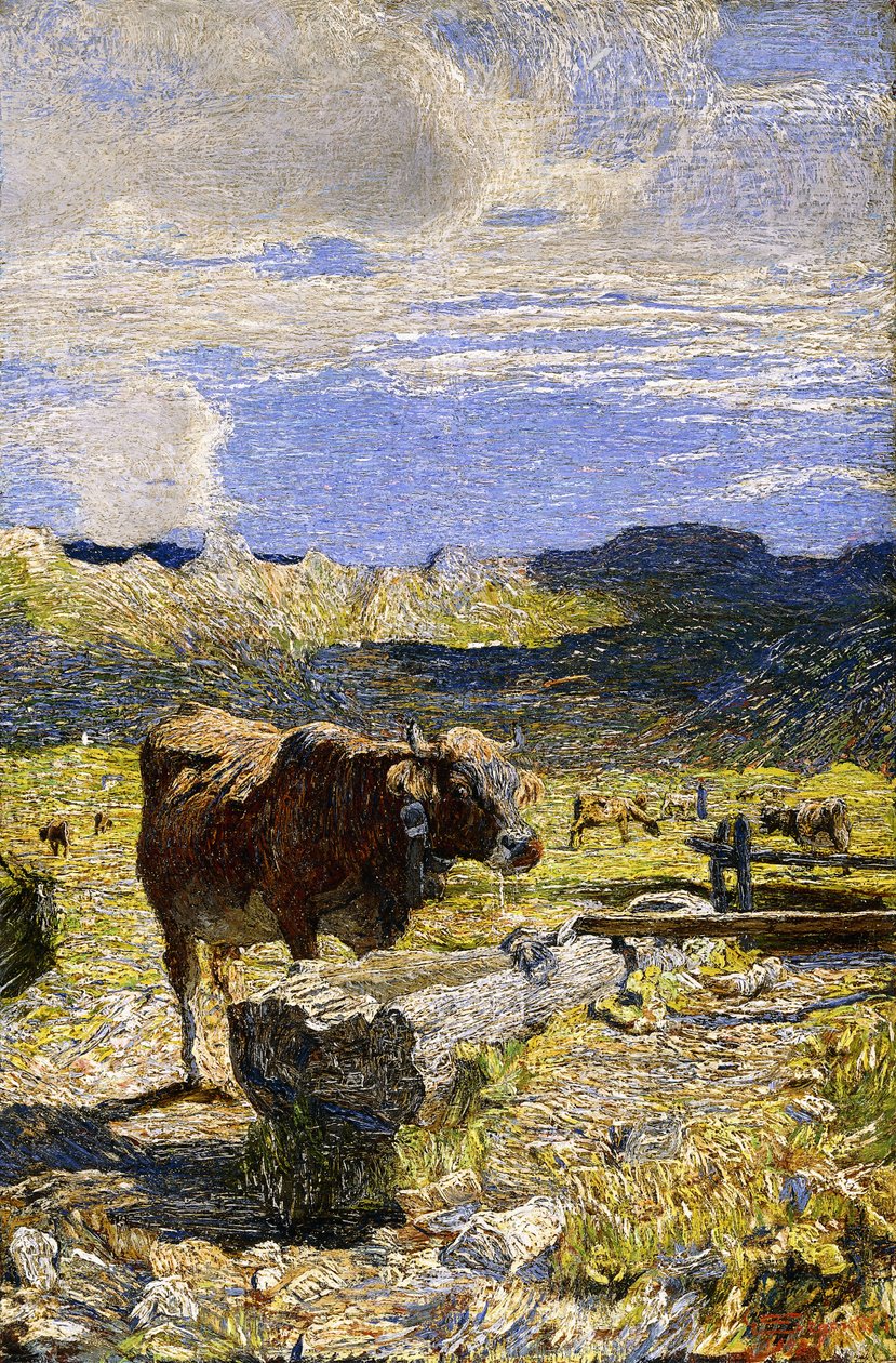 Brun ko dricker ur ett tråg, 1892 av Giovanni Segantini