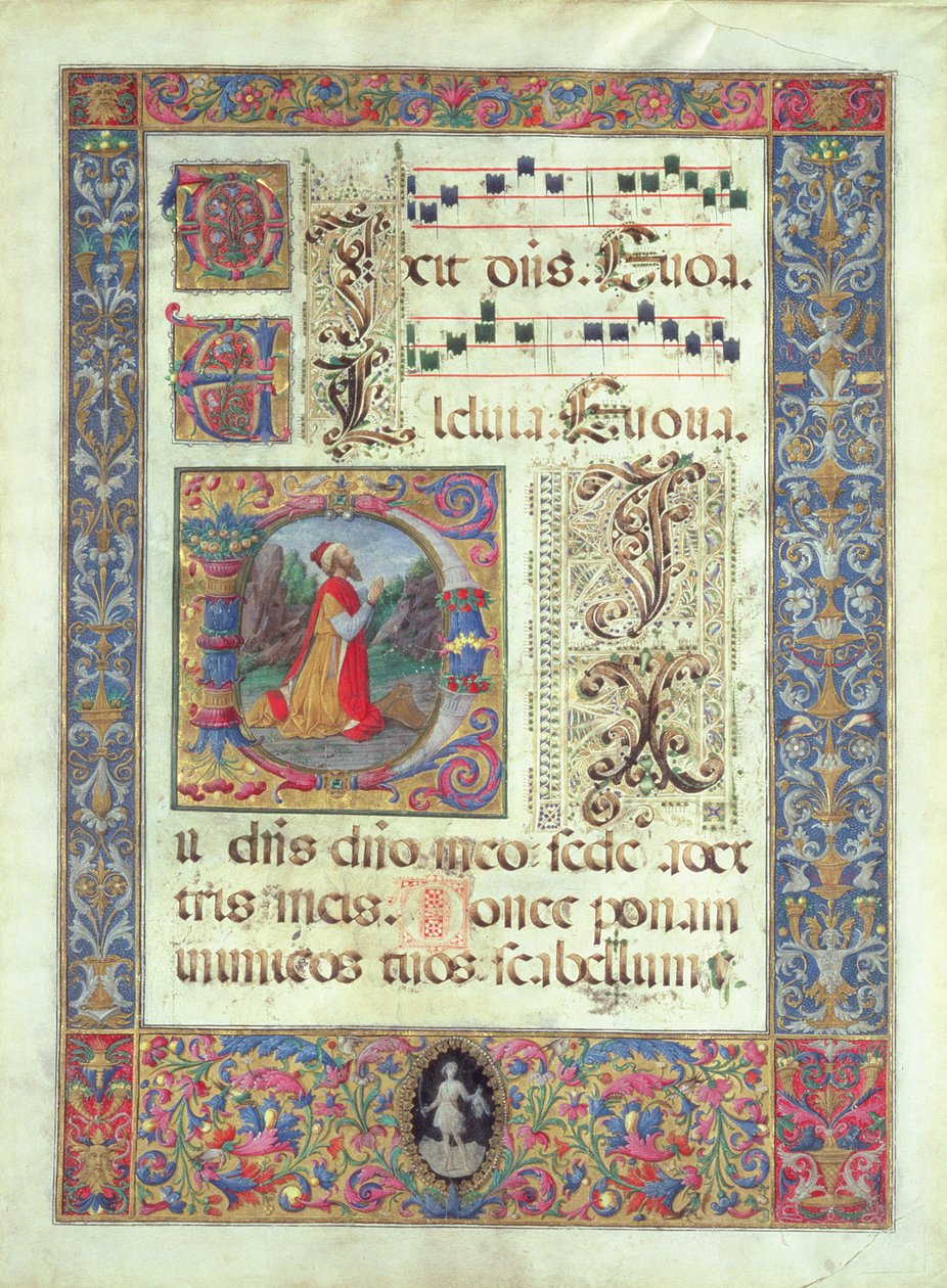 Sidan från ett manuskript med en historiserad initial D som föreställer kung David, ca 1480 av Giuliano Amadei