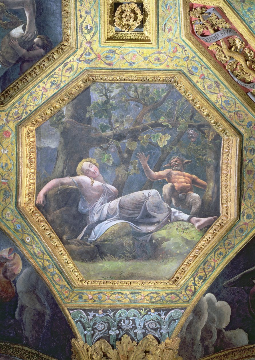 Psyche sover i Amors dal, takcaisson från Sala di Amore e Psiche, 1528 (olja på stuckatur) av Giulio Romano