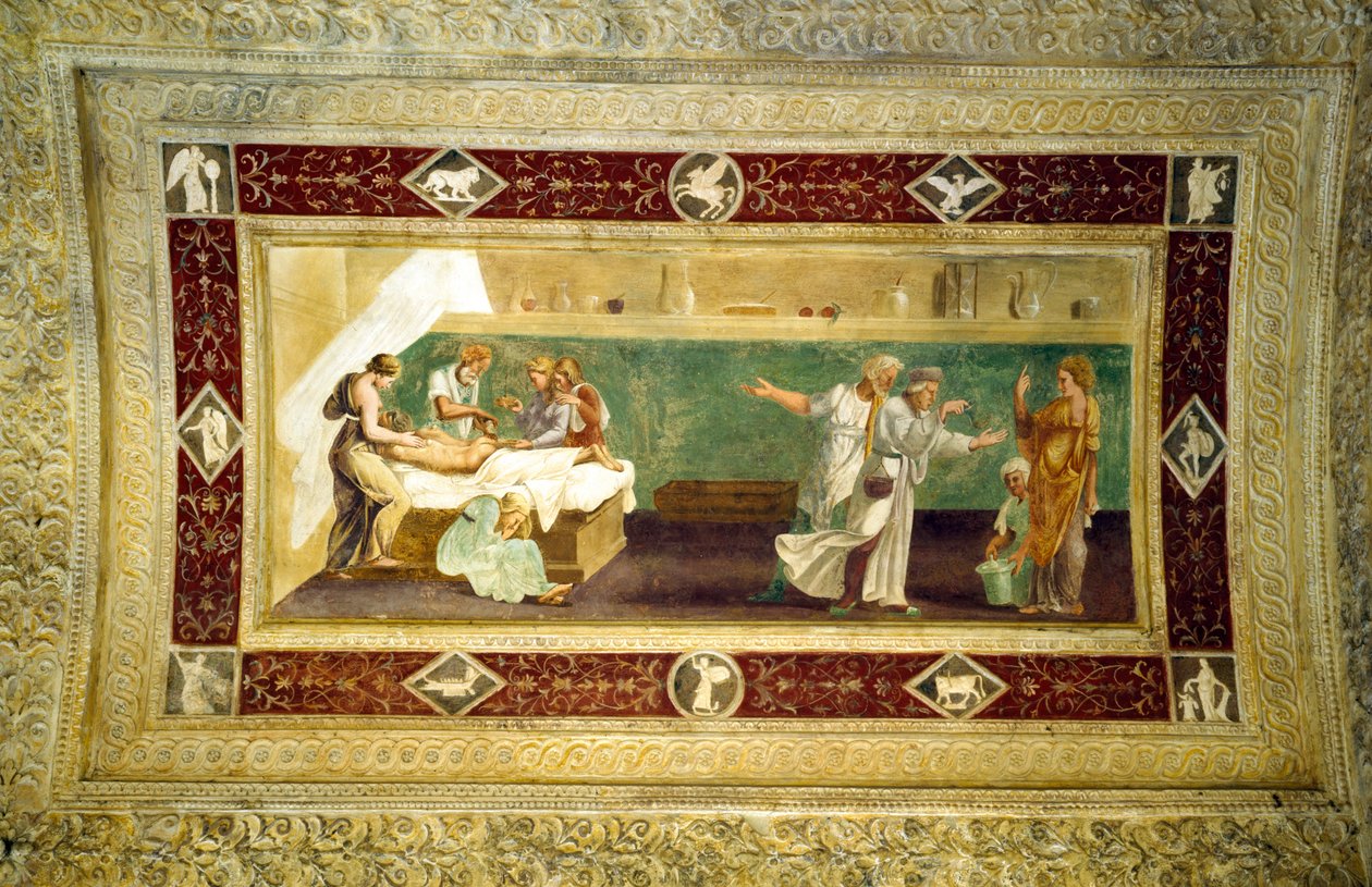 Scen av en läkare som går till en sjuk man, takmålning från Giardino Segreto av Giulio Romano
