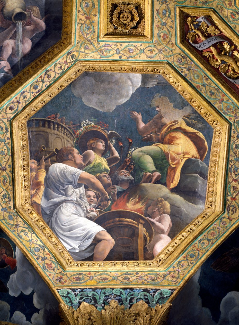 Scen av offer av en duva, takcaisson från Sala di Amore e Psiche, 1528 (olja på stuckatur) av Giulio Romano