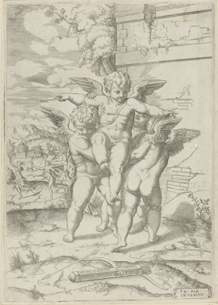 Amor och tre putti av Giulio Bonasone (attributed to)