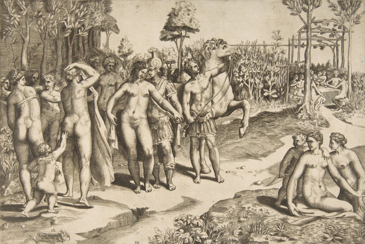 Alexander och Roxana, 1531-76. av Giulio Bonasone
