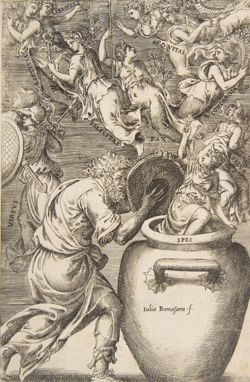 Epimetheus öppnar Pandoras ask, 1531-76. av Giulio Bonasone