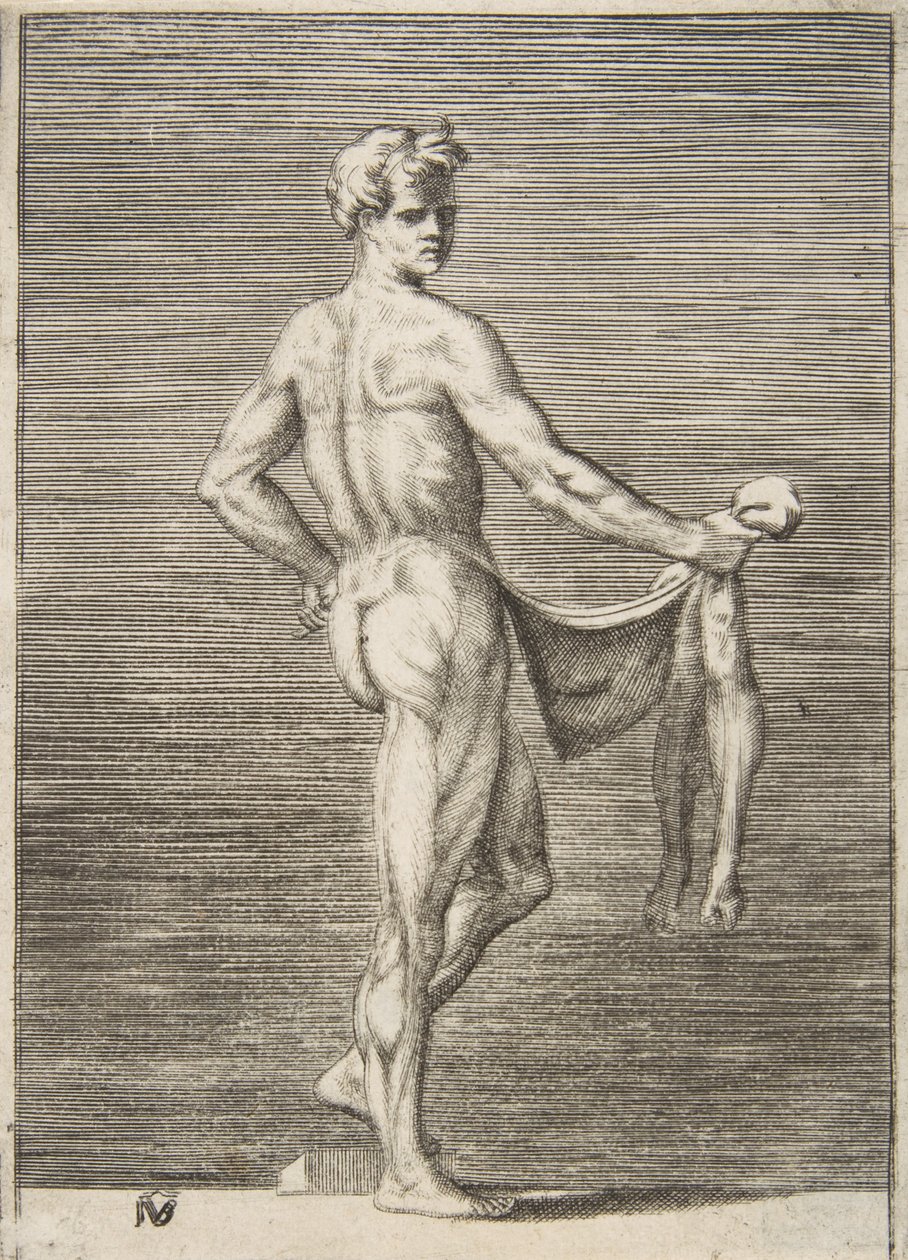 Flätad man sedd bakifrån, 1531-76. av Giulio Bonasone