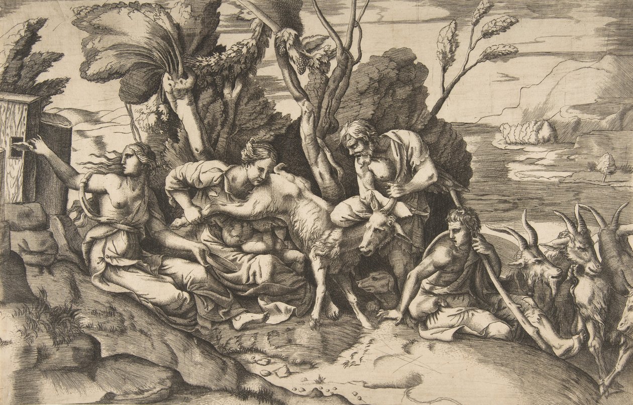Jupiter diades av geten Amalthea, 1531-76.. av Giulio Bonasone