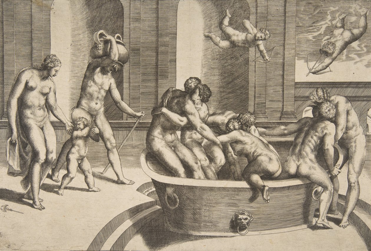 Badande män och kvinnor, några omfamnande, 1531-76. av Giulio Bonasone