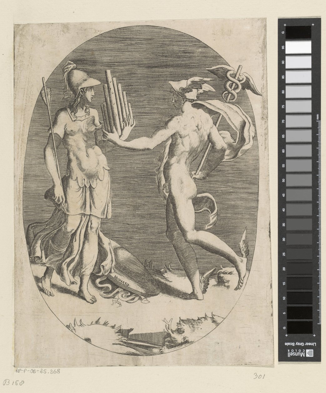 Mercury ger Minerva en panflöjt av Giulio Bonasone
