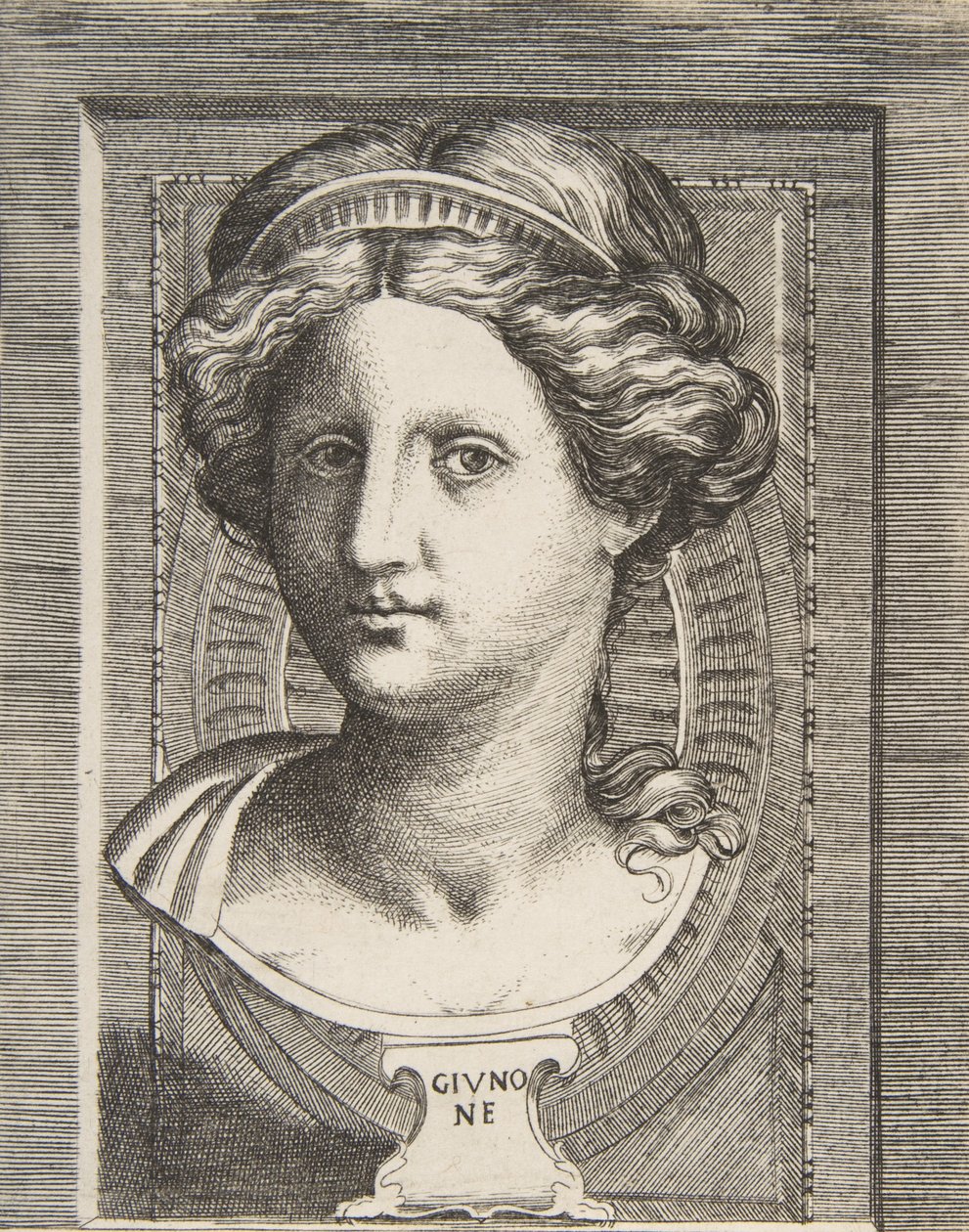 Skulpterat huvud av Juno, ca 1531-76. av Giulio Bonasone