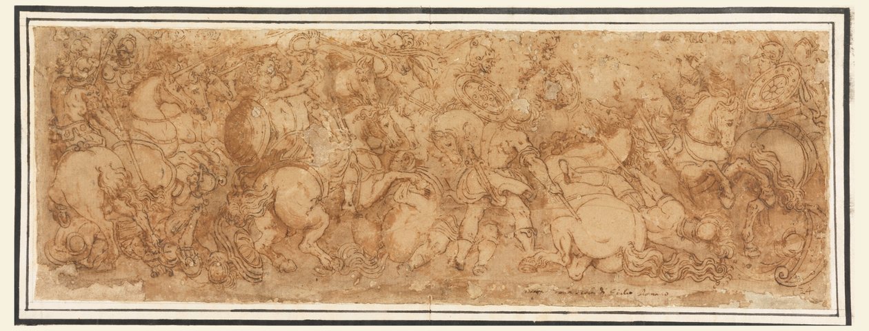 Teckning, slagfältsscen, 1524-46 av Giulio Romano