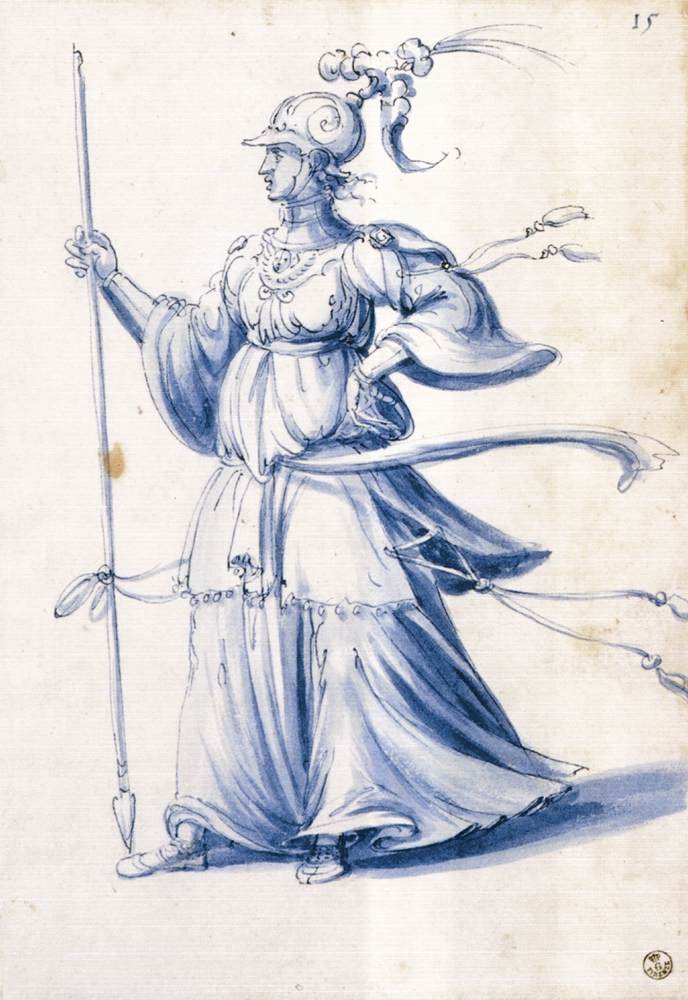 Costume drawing of a woman with lance av Giuseppe Arcimboldo