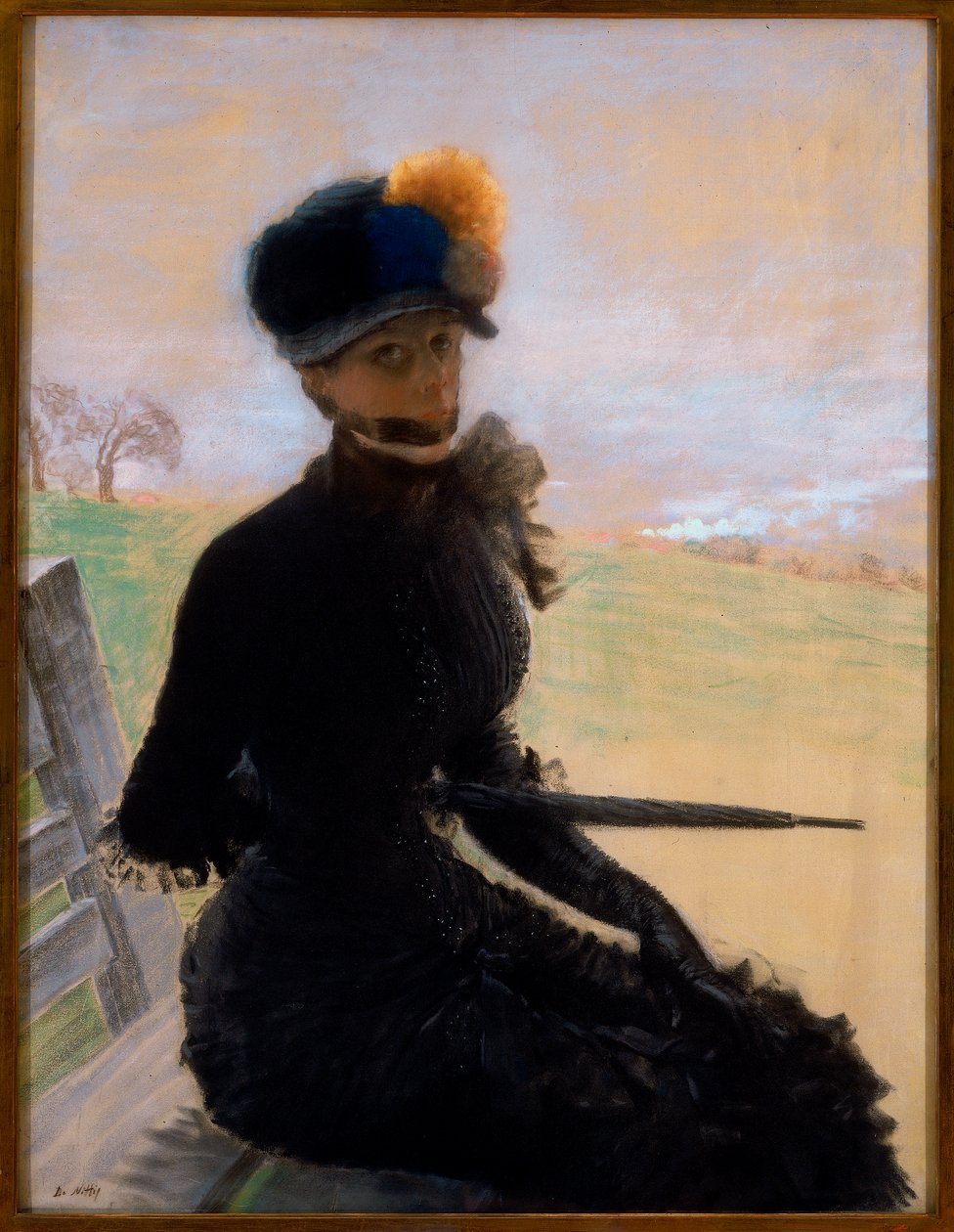 Portrætmaleri af en kvinde, der sidder på en bænk av Giuseppe de Nittis
