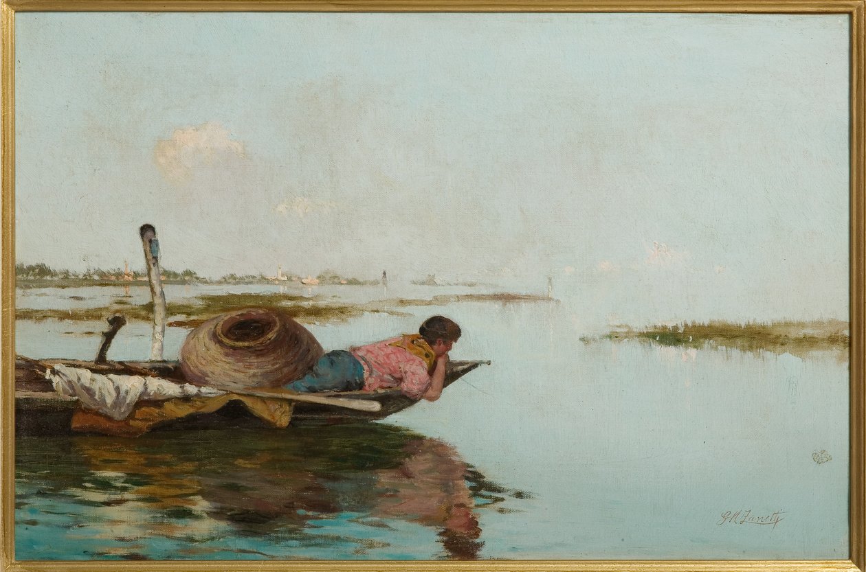 Lugn, venetiansk lagun (olja på duk) av Giuseppe Miti Zanetti